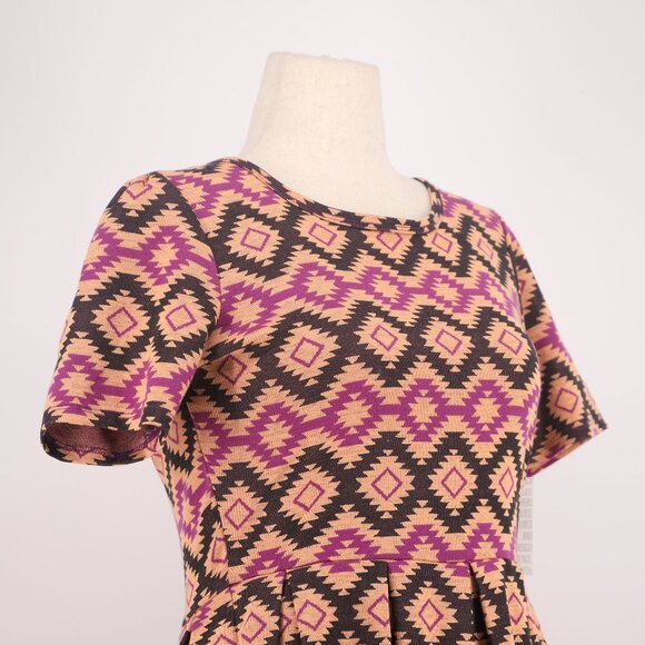 NWT LuLaRoe Amelia Pleated Fit & Flare Dress Peach Brown Geo Print Size XL - Picture 3 of 7